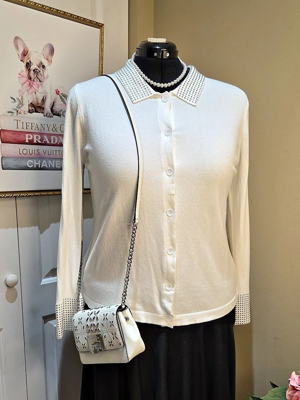 Nwt XL,L Live Milano Women's White Button-Front Sweater With Zirconia